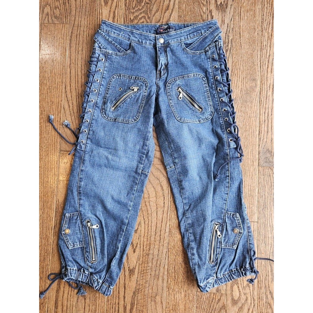 Vintage 90s Y2K HIT Denim Capri Jeans USA SZ 7/8 Lace Up Sides Cinched Leg Cuffs